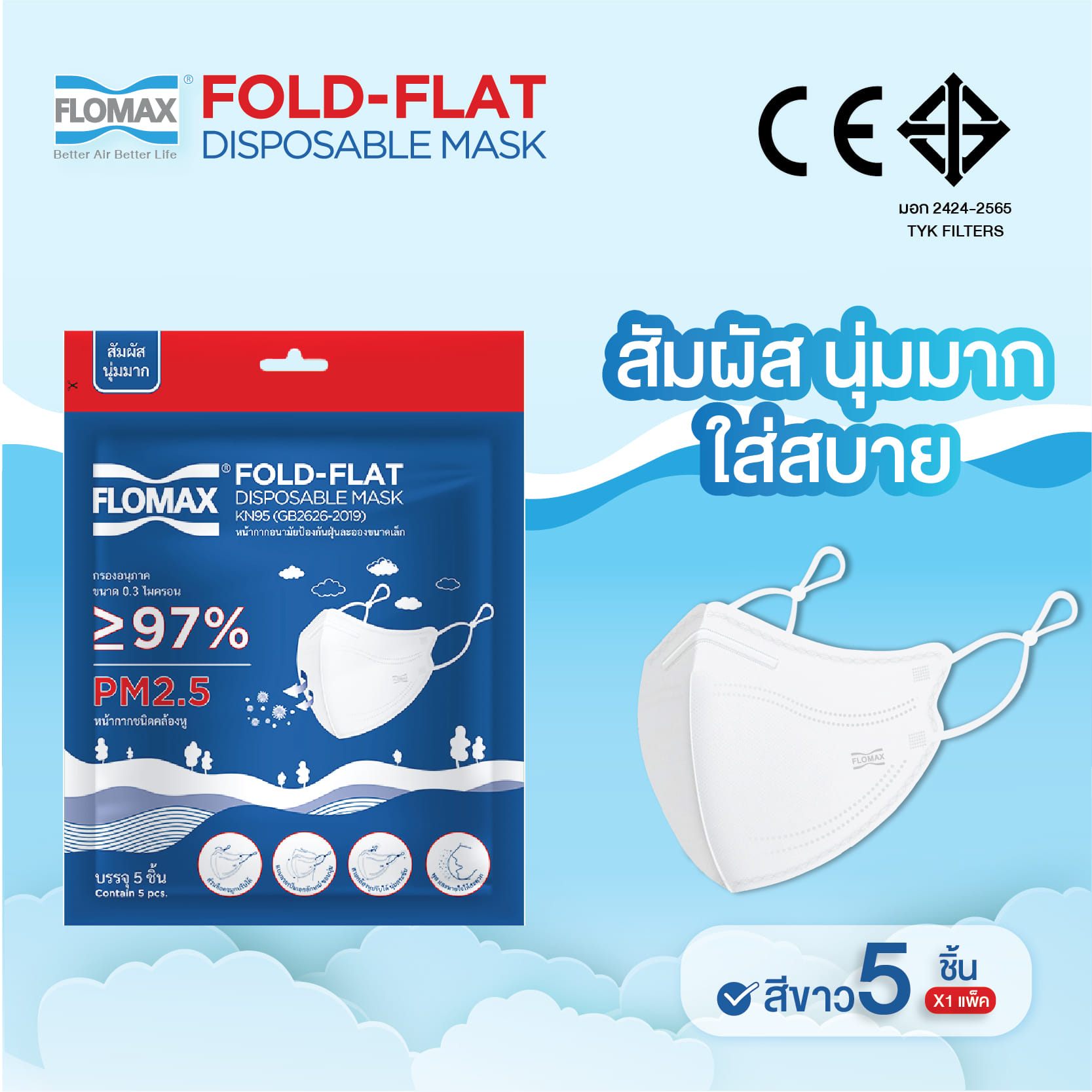หน้ากากป้องกันฝุ่นละออง FLOMAX N95 สีขาว (5 ชิ้น/แพ็ค)_2